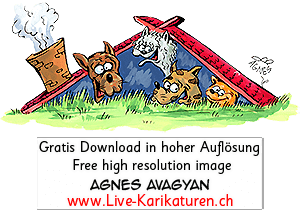 Hunde Hundehuette Ziegeldach Kamin Schornstein Rauch Gruppe Rudel Wiese lustig froehlich gluecklich daheim Agnes Live-Karikaturen Karikaturistin Cartoon Comic Karikatur Clipart Zeichnung handgezeichnet gemalt Bild Illustration image painting Download kostenlos Gratisbild free image