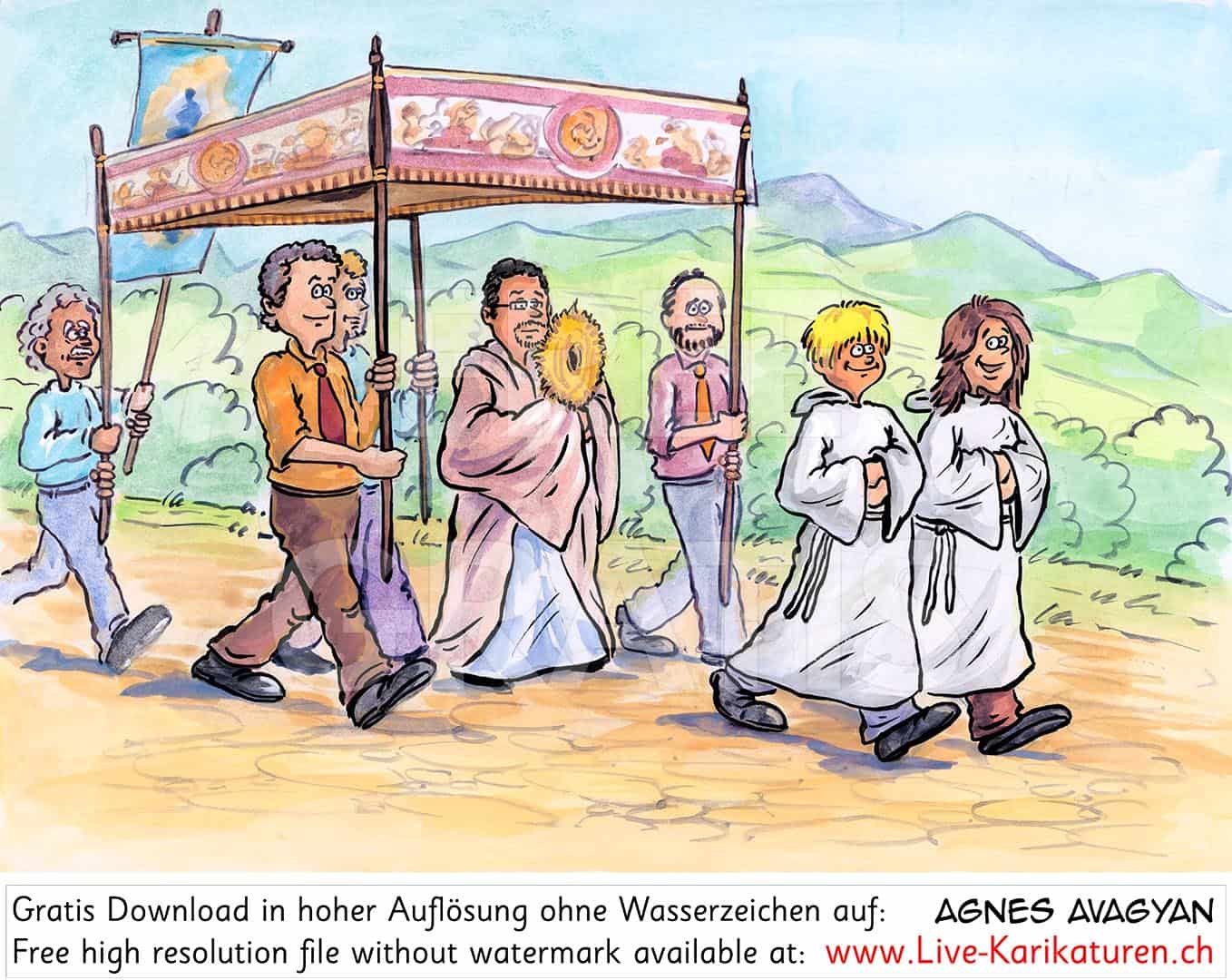 Kirche katholisch Feiertag Fronleichnam Prozession Ministranten Berge Huegel schoenes Wetter Monstranz Baldachin Gemeinde Agnes Live-Karikaturen Karikaturistin Cartoon Comic Karikatur Clipart Zeichnung handgezeichnet gemalt Bild Illustration image painting Download kostenlos Gratisbild free image