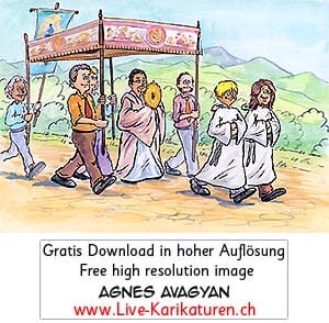 Kirche katholisch Feiertag Fronleichnam Prozession Ministranten Berge Huegel schoenes Wetter Monstranz Baldachin Gemeinde Agnes Live-Karikaturen Karikaturistin Cartoon Comic Karikatur Clipart Zeichnung handgezeichnet gemalt Bild Illustration image painting Download kostenlos Gratisbild free image