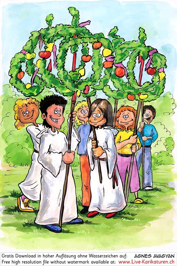 Kirche katholisch Feiertag Palmsonntag Palmbinden Jesus Einzug Jerusalem Aepfel Kinder Gemeindekatechese Ministranten schoenes Wetter Gemeinde Agnes Live-Karikaturen Karikaturistin Cartoon Comic Karikatur Clipart Zeichnung handgezeichnet gemalt Bild Illustration image painting Download kostenlos Gratisbild free image