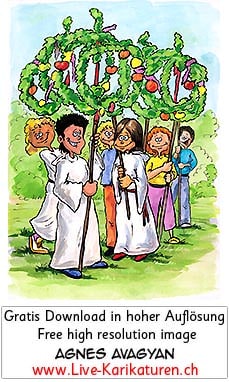 Kirche katholisch Feiertag Palmsonntag Palmbinden Jesus Einzug Jerusalem Aepfel Kinder Gemeindekatechese Ministranten schoenes Wetter Gemeinde Agnes Live-Karikaturen Karikaturistin Cartoon Comic Karikatur Clipart Zeichnung handgezeichnet gemalt Bild Illustration image painting Download kostenlos Gratisbild free image