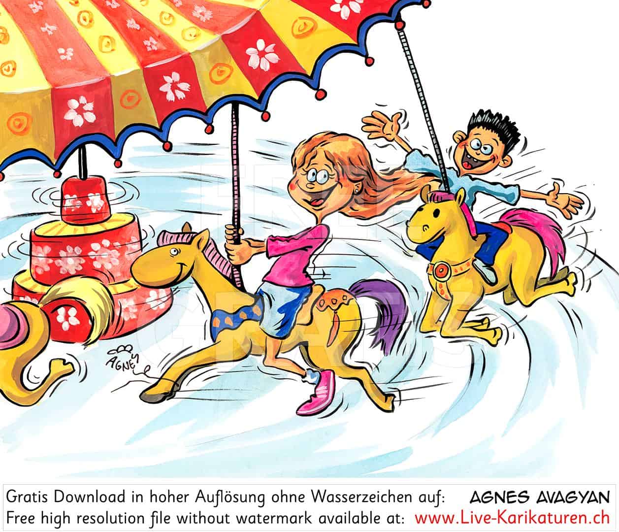 Kirmes Kilbi Karussell Pferde Kinder Spass Jahrmarkt Agnes Live-Karikaturen Karikaturistin Cartoon Comic Karikatur Clipart Zeichnung handgezeichnet gemalt Bild Illustration image painting Download kostenlos Gratisbild free image