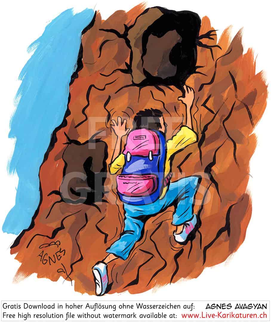 Klettern Sport Berge Bergsteigen braun Rucksack Hoehlen Expedition suchen gelbes Shirt blaue Hose Kluft Erdhuegel Agnes Live-Karikaturen Karikaturistin Cartoon Comic Karikatur Clipart Zeichnung handgezeichnet gemalt Bild Illustration image painting Download kostenlos Gratisbild free image