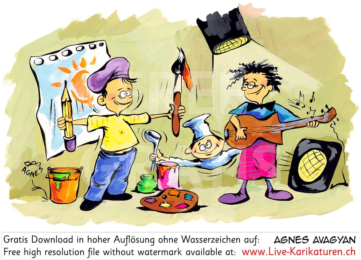 Kreativitaet Kinder musische Faecher musischer Unterricht gestalten zeichnen musizieren Scheinwerfer Spass Freiheit Kuenstler Kunst Unterricht Schule Zeichnungsschule Agnes Live-Karikaturen Karikaturistin Cartoon Comic Karikatur Clipart Zeichnung handgezeichnet gemalt Bild Illustration image painting Download kostenlos Gratisbild free image