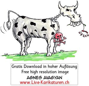 Kuh Rinderwahn Rinderpest Seuche Krankheit Skelett Schaedel makaber Tod tot gescheckt Hoerner Agnes Live-Karikaturen Karikaturistin Cartoon Comic Karikatur Clipart Zeichnung handgezeichnet gemalt Bild Illustration image painting Download kostenlos Gratisbild free image