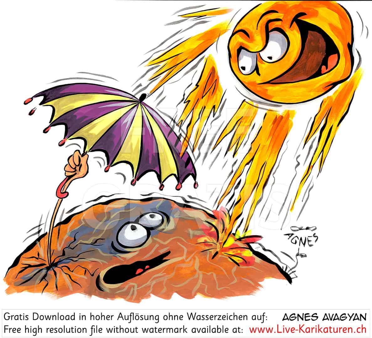 Oekologie Klimaerwaermung Klimaveraenderung Sonne Sonneneinstrahlung Erde Sonnenschirm Sonnenschutz Hitze heiss Agnes Live-Karikaturen Karikaturistin Cartoon Comic Karikatur Clipart Zeichnung handgezeichnet gemalt Bild Illustration image painting Download kostenlos Gratisbild free image