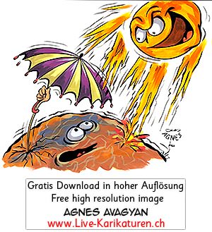 Oekologie Klimaerwaermung Klimaveraenderung Sonne Sonneneinstrahlung Erde Sonnenschirm Sonnenschutz Hitze heiss Agnes Live-Karikaturen Karikaturistin Cartoon Comic Karikatur Clipart Zeichnung handgezeichnet gemalt Bild Illustration image painting Download kostenlos Gratisbild free image