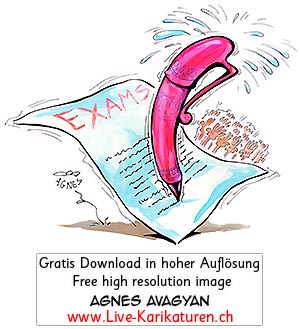 Pruefung Examen Test Abitur Angst Druck Stress Not Hilfe Schreibstift pink Schweisstropfen Haende Schueler Agnes Live-Karikaturen Karikaturistin Cartoon Comic Karikatur Clipart Zeichnung handgezeichnet gemalt Bild Illustration image painting Download kostenlos Gratisbild free image