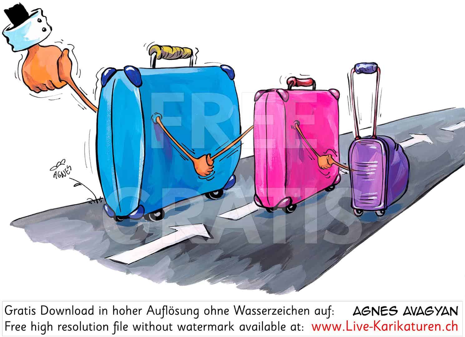 Reisekoffer Gepaeck Strasse Foerderband Hand geben Haende Rollkoffer Anzug verreisen Reisefieber Familie Agnes Live-Karikaturen Karikaturistin Cartoon Comic Karikatur Clipart Zeichnung handgezeichnet gemalt Bild Illustration image painting Download kostenlos Gratisbild free image