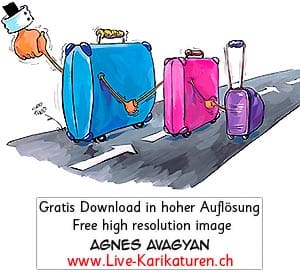 Reisekoffer Gepaeck Strasse Foerderband Hand geben Haende Rollkoffer Anzug verreisen Reisefieber Familie Agnes Live-Karikaturen Karikaturistin Cartoon Comic Karikatur Clipart Zeichnung handgezeichnet gemalt Bild Illustration image painting Download kostenlos Gratisbild free image