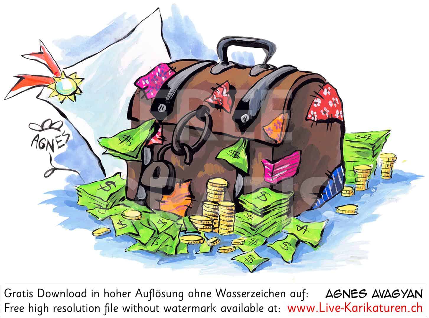 Schatz Schatztruhe Geld Dokument Siegel Schloss offen alt Dollar Scheine Muenzen Gold Agnes Live-Karikaturen Karikaturistin Cartoon Comic Karikatur Clipart Zeichnung handgezeichnet gemalt Bild Illustration image painting Download kostenlos Gratisbild free image