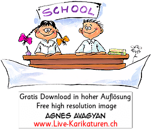 Schule Kinder Maedchen Junge Uniform Schild School leer Pult Buecher Zoepfe lernen Schulbeginn Disziplin Motivation Agnes Live-Karikaturen Karikaturistin Cartoon Comic Karikatur Clipart Zeichnung handgezeichnet gemalt Bild Illustration image painting Download kostenlos Gratisbild free image