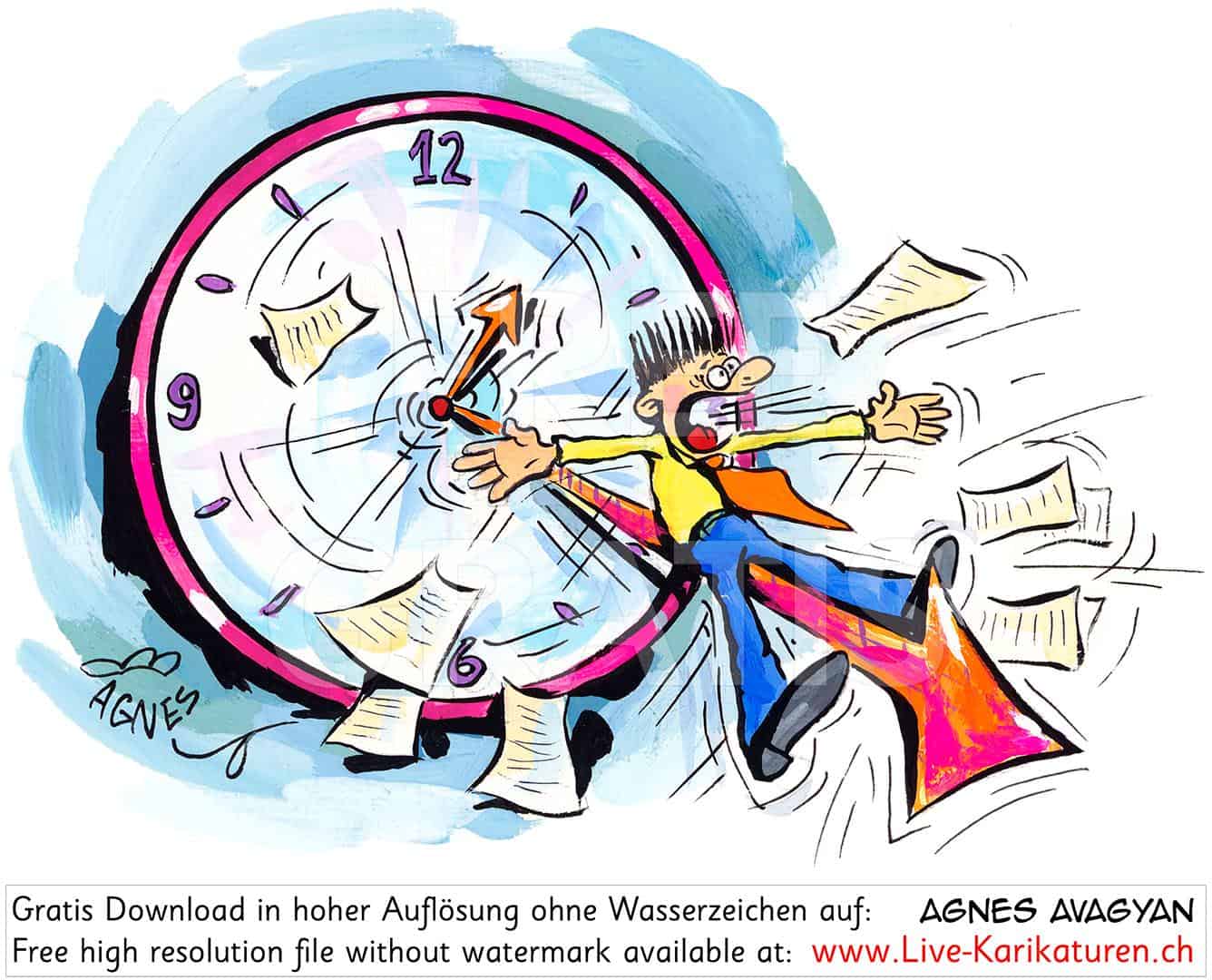 Stress Uhr Uhrzeiger grosser Zeiger Figur Schock Panik 1 Uhr Zeit laeuft Hektik Ueberforderung Zettel Aufgaben To do Liste Pendenzen unmoeglich Buero Office Business Druck Burn Out Mann Wanduhr Agnes Live-Karikaturen Karikaturistin Cartoon Comic Karikatur Clipart Zeichnung handgezeichnet gemalt Bild Illustration image painting Download kostenlos Gratisbild free image