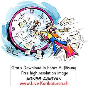 Stress Uhr Uhrzeiger grosser Zeiger Figur Schock Panik 1 Uhr Zeit laeuft Hektik Ueberforderung Zettel Aufgaben To do Liste Pendenzen unmoeglich Buero Office Business Druck Burn Out Mann Wanduhr Agnes Live-Karikaturen Karikaturistin Cartoon Comic Karikatur Clipart Zeichnung handgezeichnet gemalt Bild Illustration image painting Download kostenlos Gratisbild free image