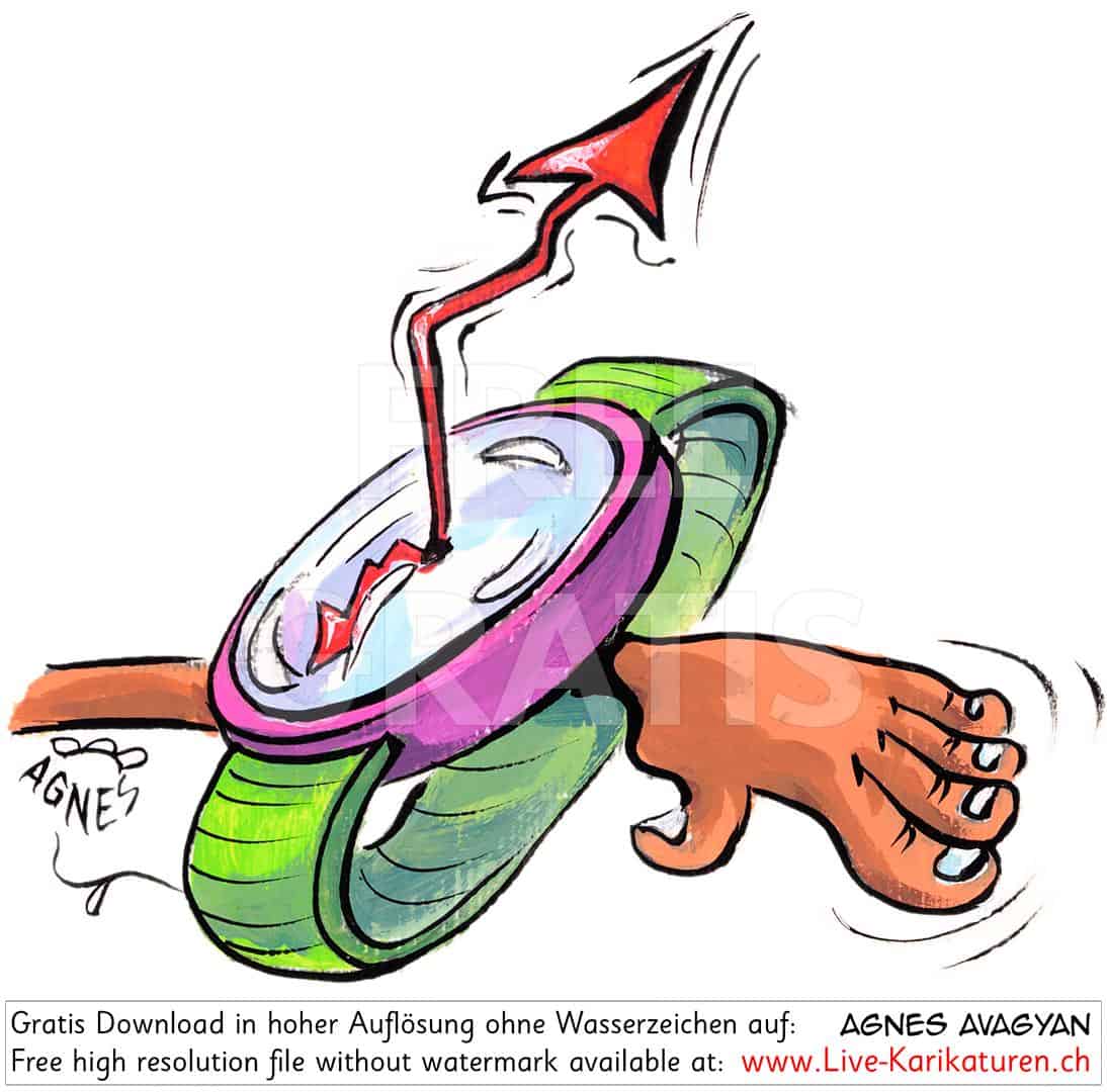 Uhr Armbanduhr Zeiger riesig rot springt Stundenzeiger Minutenzeiger Arm Hand gruen violett lustig gross Agnes Live-Karikaturen Karikaturistin Cartoon Comic Karikatur Clipart Zeichnung handgezeichnet gemalt Bild Illustration image painting Download kostenlos Gratisbild free image