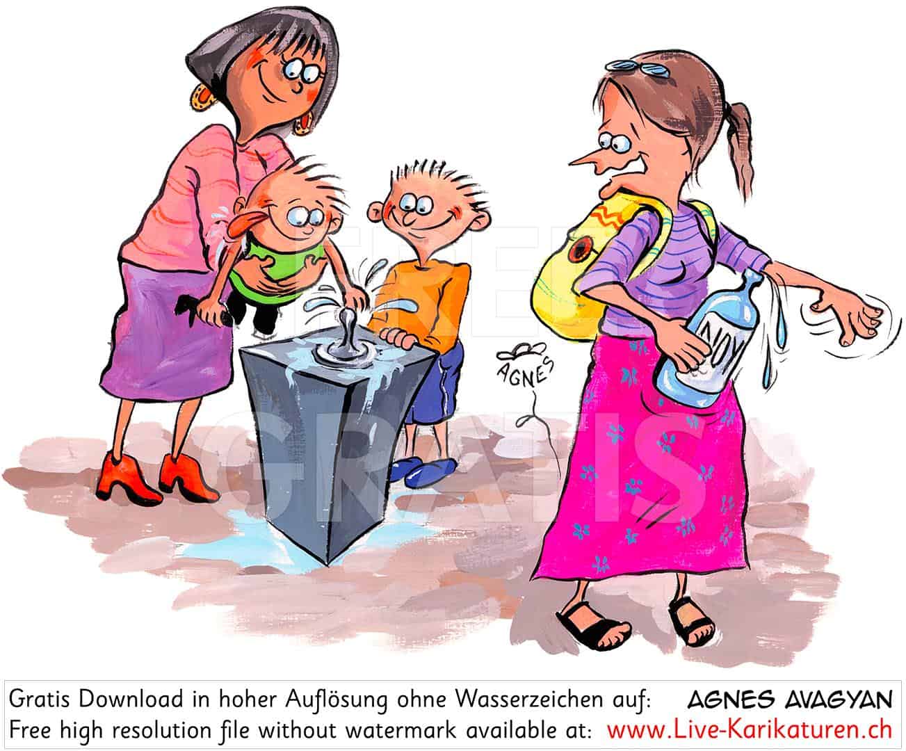 Wasser Kind Brunnen trinken Wasserflasche Muetter Mutter Kinder Fontaene gratis kostenloses Wasser Rock Noy Armenien Agnes Live-Karikaturen Karikaturistin Cartoon Comic Karikatur Clipart Zeichnung handgezeichnet gemalt Bild Illustration image painting Download kostenlos Gratisbild free image