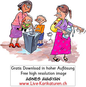 Wasser Kind Brunnen trinken Wasserflasche Muetter Mutter Kinder Fontaene gratis kostenloses Wasser Rock Noy Armenien Agnes Live-Karikaturen Karikaturistin Cartoon Comic Karikatur Clipart Zeichnung handgezeichnet gemalt Bild Illustration image painting Download kostenlos Gratisbild free image