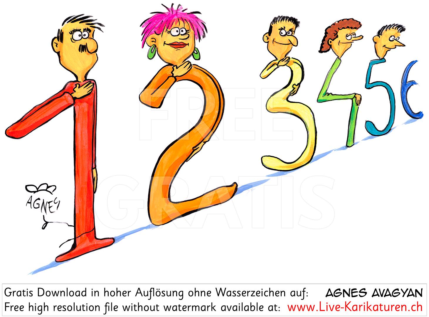 123456 Zahlen Reihenfolge Gesichter Mann Frau Koepfe farbig bunt Ziffern zaehlen lernen Aufzaehlung Numerierung Agnes Live-Karikaturen Karikaturistin Cartoon Comic Karikatur Clipart Zeichnung handgezeichnet gemalt Bild Illustration image painting Download kostenlos Gratisbild free image