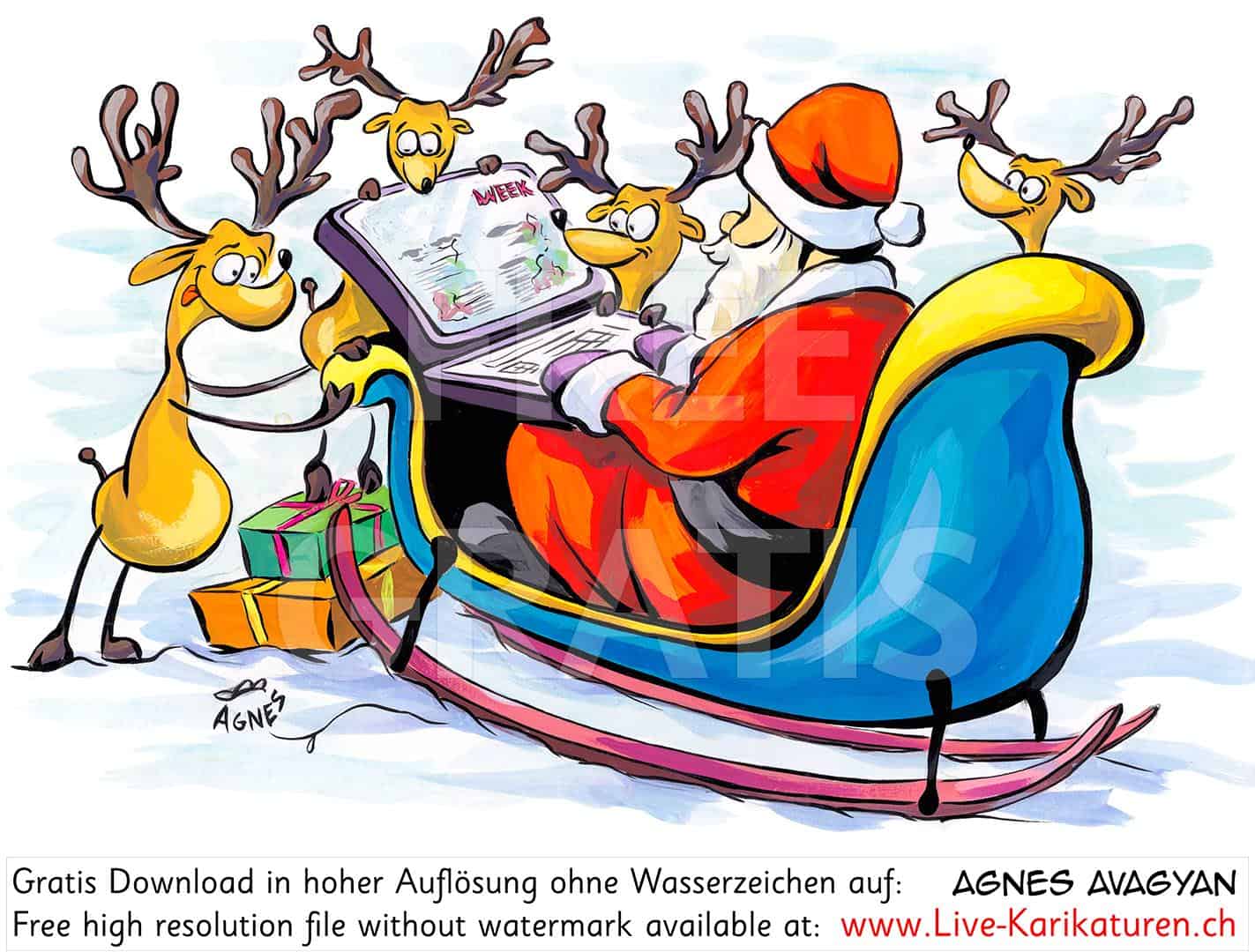 Weihnachtsmann Schlitten Rentiere Computer Navigation — Agnes Karikaturen /  Webseite funktioniert, aber Design ist temporär entfernt.