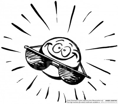 Strahlende Sonne mit Sonnenbrille, gezeichnet von Agnes Karikaturen, Live Karikaturist für Hochzeit, Geburtstag, Firmenevent, Geschäftsanlass, Jubiläum, Pensionierung, Geschenkidee