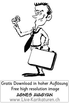 Krawatte Office Business Chef Vorgesetzter Boss Manager office worker business presentation zufrieden Aktentasche Finger prima tip top happy schwarzweiss black and white Cartoon Comic Karikatur Clipart Zeichnung Bild Illustration image painting kostenlos Gratisbild free image, Thumbnail