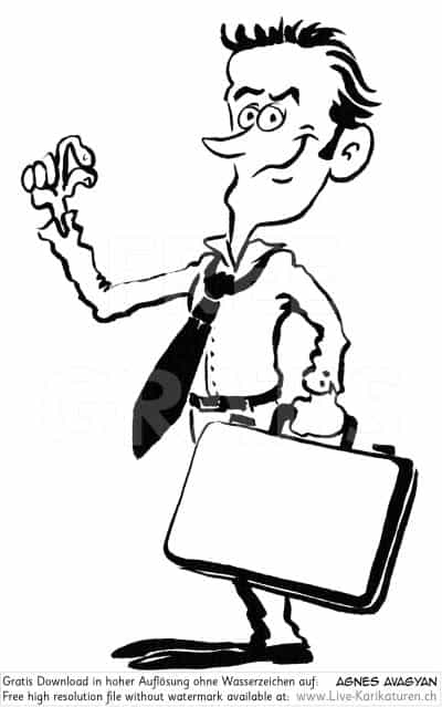 Krawatte Office Business Chef Vorgesetzter Boss Manager office worker business presentation zufrieden Aktentasche Finger prima tip top happy schwarzweiss black and white Cartoon Comic Karikatur Clipart Zeichnung Bild Illustration image painting kostenlos Gratisbild free image, watermark UHD