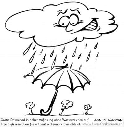 Regen Regenschim Wetter Blumen Wolke grinsen Wetterbericht weather rain umbrella cloud schwarzweiss black and white Cartoon Comic Karikatur Clipart Zeichnung Bild Illustration image painting kostenlos Gratisbild free image, Watermark UHD ultraHD