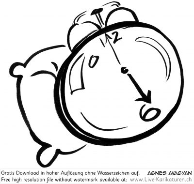 Uhr Wecker Alarm watch clock time 6 Uhr Kissen schlafen aufstehen wake up schwarzweiss black and white Cartoon Comic Karikatur Clipart Zeichnung Bild Illustration image painting kostenlos Gratisbild free image, Watermark, UHD