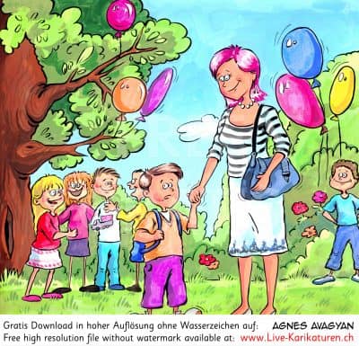 Erster Schultag Schulbeginn Schulstrat Ballone Kinder Mama Mutter Kindergarten Kita Hort Krippe Garten Kindergeburtstag Party aengstlich Misstrauen Agnes Karikaturen gratis free Clipart Comic Cartoon Zeichnung c