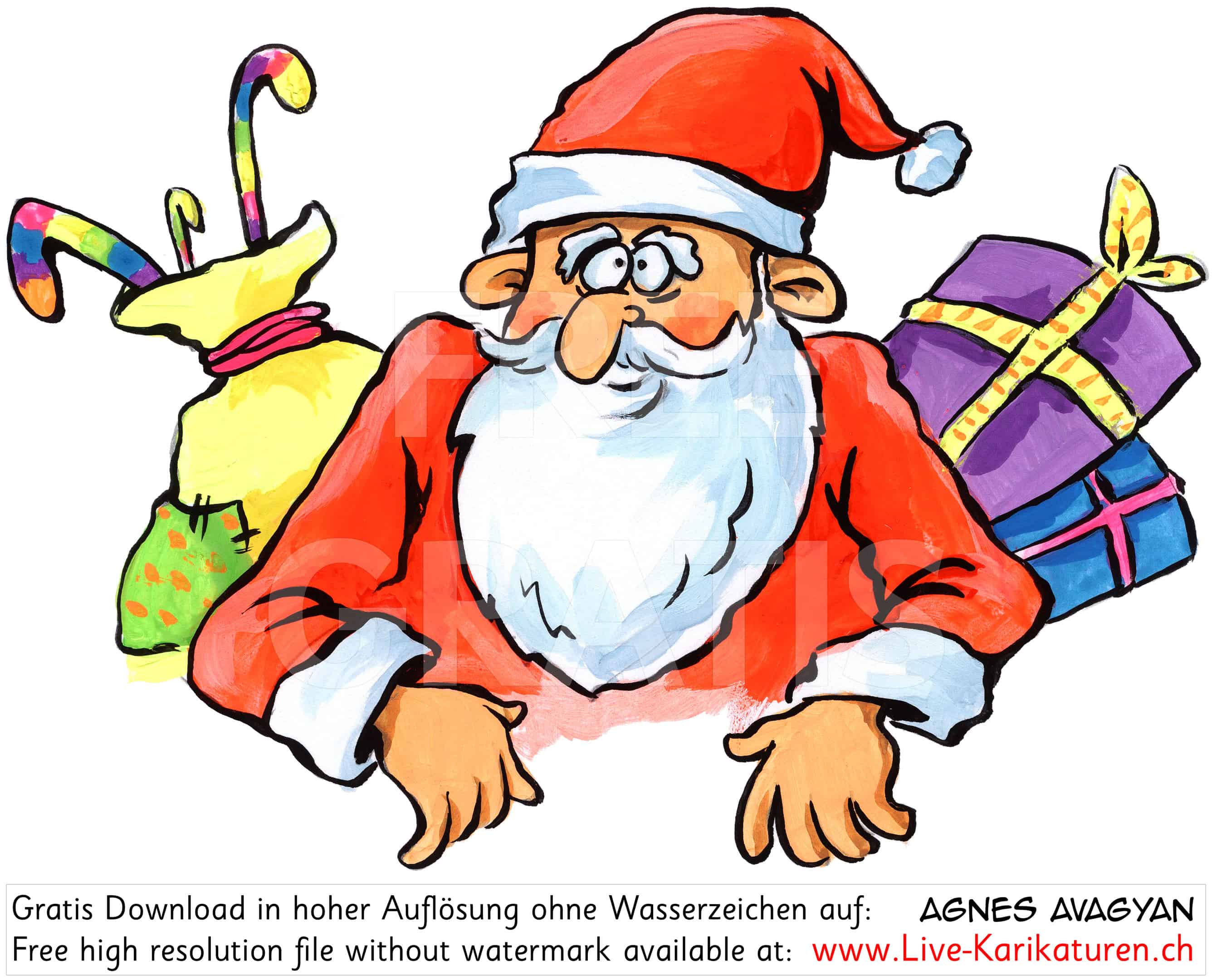 Weihnachtsmann Geschenke Zuckerstange — Agnes Karikaturen / Webseite