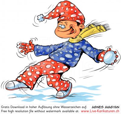 Kind Schneeball rutschen Winter Schnee ausrutschen rote Muetze blaue Jacke rote Hose rote Handschuhe mit weissen Punkten gelber Schal Zipfelkappe Zipfelmuetze Spass im Schnee spielen Weihnachtsferien Agnes Live-Karikaturen, Download, kostenlos, Gratisbild, Free image, Clipart, Comic, Cartoon, Illustration, Cartoon, Comic, Karikatur, Clipart, Zeichnung, Bild, Illustration, image, painting, kostenlos, Kunst, Kunsthandwerk, Geschenkidee, Kuenstler, Live Karikaturist, Comiczeichner, Armenian Artist from Yerevan