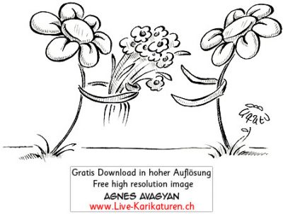 Blume schenkt anderer Blume Blumenstrauss Liebe romantisch Romantik mit Armen zwei Blumen schwarzweiss Agnes Karikaturen gratis free Clipart Comic Cartoon Zeichnung Illustration transparent PNG