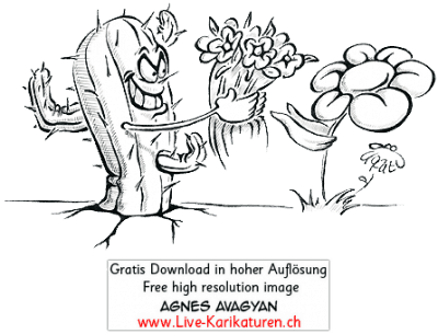 Valentinstag Kaktus Geschenk Betrug falsche Liebe Betrüger Enttäuschung Blume Blumenstrauss Valentin Liebe Love Amour Verliebte verliebt Sehnsucht Romantik romantisch Rendezvous Liebesgeständnis Liebesbrief Agnes Karikaturen gratis free Clipart Comic Cartoon Zeichnung schwarzweiss sw transparent