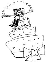 Hochzeit Torte Kuchen Hochzeitspaar Paar Liebe Herzen Schlaufe schwarzweiss Agnes Live-Karikaturen Karikaturistin Cartoon Comic Karikatur Clipart Zeichnung handgezeichnet gemalt Bild Illustration image painting Download kostenlos Gratisbild free image