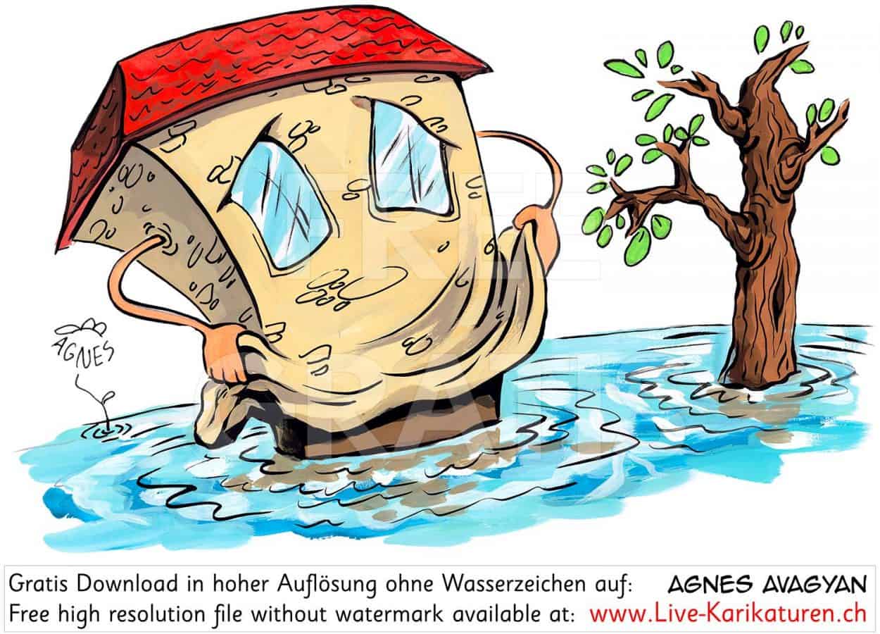 Hochwasser Flut Haus Baum — www.LiveKarikaturen.ch