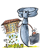 Haus auspressen Pensionskasse Vermieter Hauseigentuemer Hausbesitzer Immobilien Miete Rendite Zins Referenzzinssatz Vermieter Hypothek HEV Mieterverband Mietzinsreduktion Brunnmattstrasse Previs Privera Krawatte Aktenkoffer Agnes Live-Karikaturen, Clipart, Comic, Cartoon, Illustration, Cartoon, Comic, Karikatur, Zeichnung, Download, kostenlos, Gratisbild, gratis, free, Kunst, Kuenstler, Live Karikaturist, Comiczeichner, Armenia