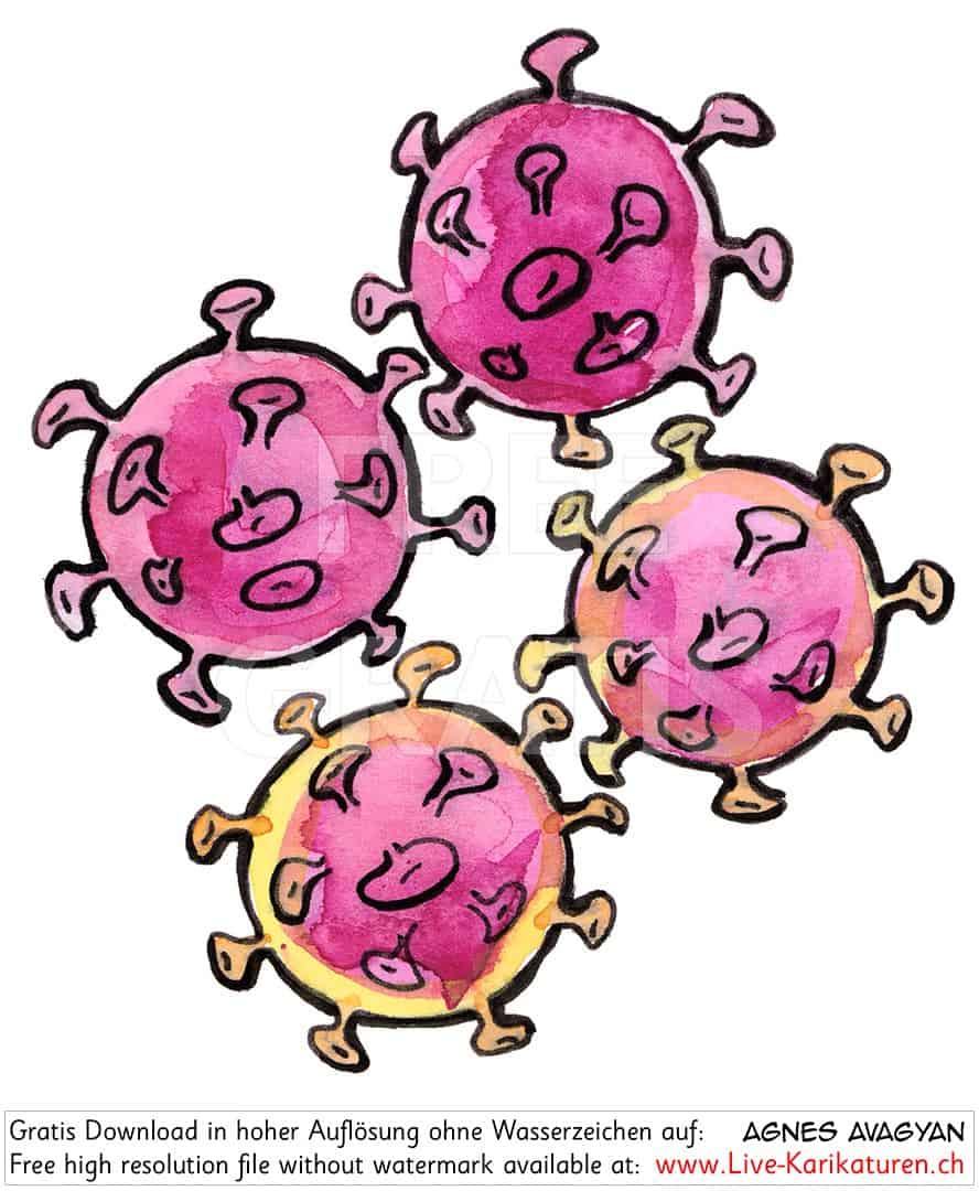 Virus Corona Covid 19  vier rot violett  Agnes Karikaturen 