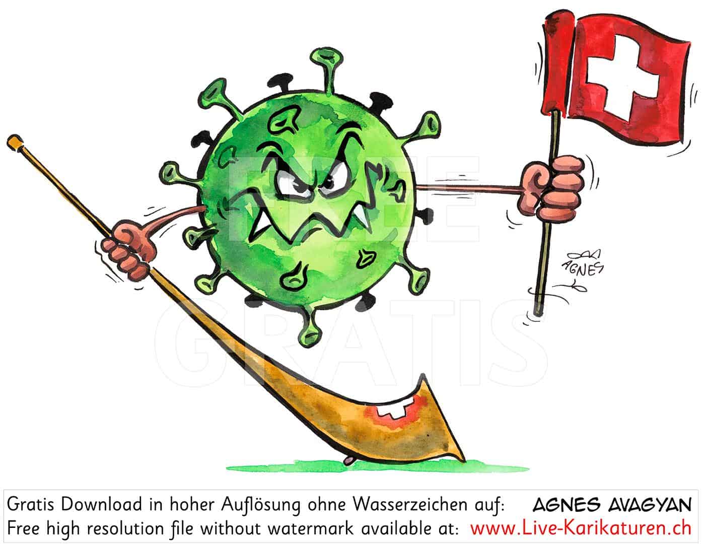 Virus Corona Covid-19 Schweiz Alphorn Epidemie Pandemie Comicfigur lustig Gesicht Flagge Agnes Live-Karikaturen, Clipart, Comic, Cartoon, Illustration, Cartoon, Comic, Karikatur, Zeichnung, Download, kostenlos, Gratisbild, gratis, free, Kunst, Kuenstler, Live Karikaturist, Comiczeichner, Armenia