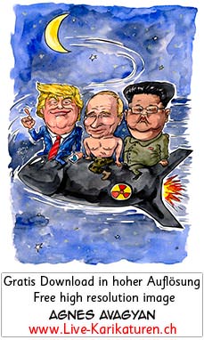 Atombombe, Nuclear Bomb, Trump, Putin, Kim Jong-un, USA, Russland, Nordkorea, Mond, Schnitzelbaenke 2020, Luzerner Fasnacht, Urbi@Orbi, Agnes Live-Karikaturen, Clipart, Comic, Cartoon, Illustration, Cartoon, Comic, Karikatur, Zeichnung, Download, kostenlos, Gratisbild, gratis, free, Kunst, Kuenstler, Live Karikaturist, Comiczeichner, Armenia