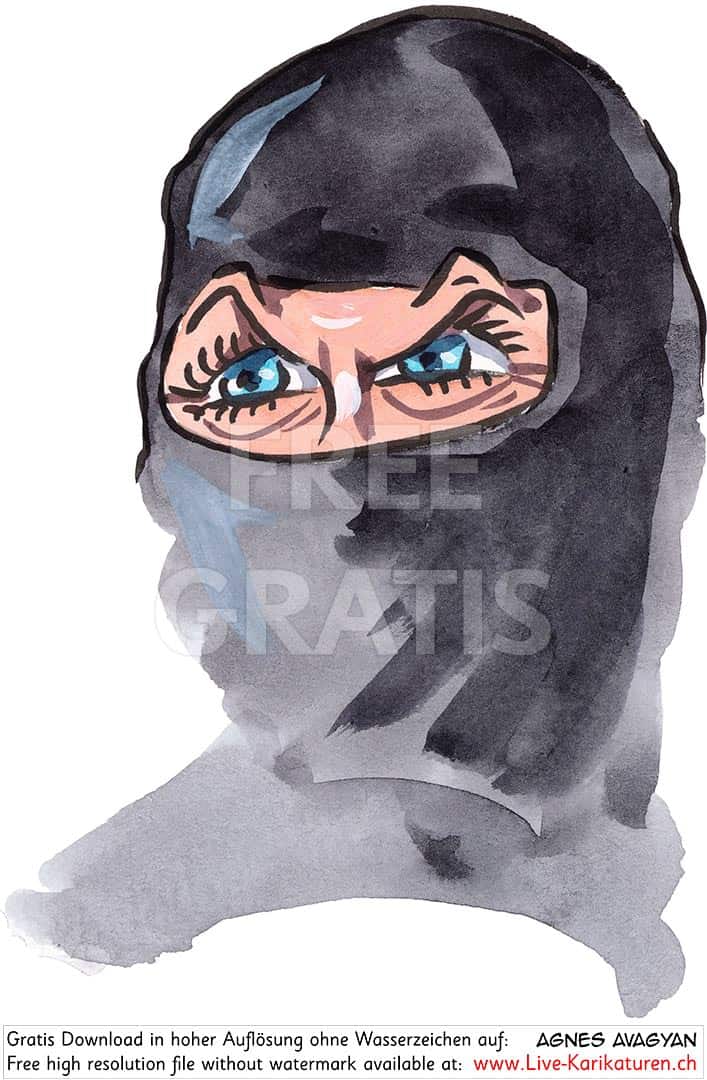 Hijab, Chador, Niqab, Burka, Muslimin, Muslima, Islam, Kopftuch, Verhuellung, Augen, Vermummung, Schnitzelbaenke 2020, Urbi@Orbi, Luzerner Fasnacht, Agnes Live-Karikaturen, Clipart, Comic, Cartoon, Illustration, Cartoon, Comic, Karikatur, Zeichnung, Download, kostenlos, Gratisbild, gratis, free, Kunst, Kuenstler, Live Karikaturist, Comiczeichner, Armenia