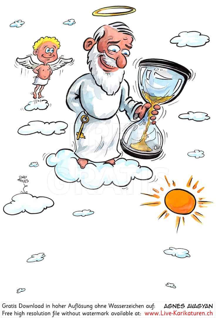 Gott, Wolke, Engel, Sanduhr, Zeit, Mann, Bart, Heiligenschein, Sonne, Schnitzelbaenke, Urbi@Orbi, Luzerner Fasnacht, Agnes Live-Karikaturen, Clipart, Comic, Cartoon, Illustration, Cartoon, Comic, Karikatur, Zeichnung, Download, kostenlos, Gratisbild, gratis, free, Kunst, Kuenstler, Live Karikaturist, Comiczeichner, Armenia