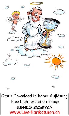 Gott, Wolke, Engel, Sanduhr, Zeit, Mann, Bart, Heiligenschein, Sonne, Schnitzelbaenke, Urbi@Orbi, Luzerner Fasnacht, Agnes Live-Karikaturen, Clipart, Comic, Cartoon, Illustration, Cartoon, Comic, Karikatur, Zeichnung, Download, kostenlos, Gratisbild, gratis, free, Kunst, Kuenstler, Live Karikaturist, Comiczeichner, Armenia