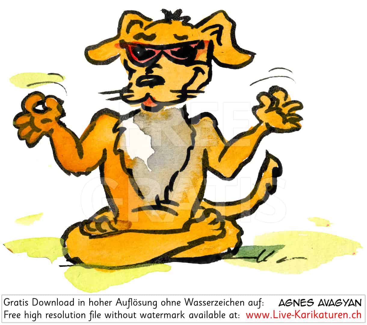 Hund, Sonnenbrille, Meditieren, cool, Schneidersitz, Schnitzelbaenke, Urbi@Orbi, Luzerner Fasnacht, Agnes Live-Karikaturen, Clipart, Comic, Cartoon, Illustration, Cartoon, Comic, Karikatur, Zeichnung, Download, kostenlos, Gratisbild, gratis, free, Kunst, Kuenstler, Live Karikaturist, Comiczeichner, Armenia