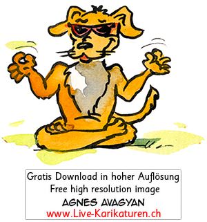 Hund, Sonnenbrille, Meditieren, cool, Schneidersitz, Schnitzelbaenke, Urbi@Orbi, Luzerner Fasnacht, Agnes Live-Karikaturen, Clipart, Comic, Cartoon, Illustration, Cartoon, Comic, Karikatur, Zeichnung, Download, kostenlos, Gratisbild, gratis, free, Kunst, Kuenstler, Live Karikaturist, Comiczeichner, Armenia