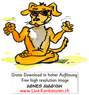 Hund, Sonnenbrille, Meditieren, cool, Schneidersitz, Schnitzelbaenke, Urbi@Orbi, Luzerner Fasnacht, Agnes Live-Karikaturen, Clipart, Comic, Cartoon, Illustration, Cartoon, Comic, Karikatur, Zeichnung, Download, kostenlos, Gratisbild, gratis, free, Kunst, Kuenstler, Live Karikaturist, Comiczeichner, Armenia