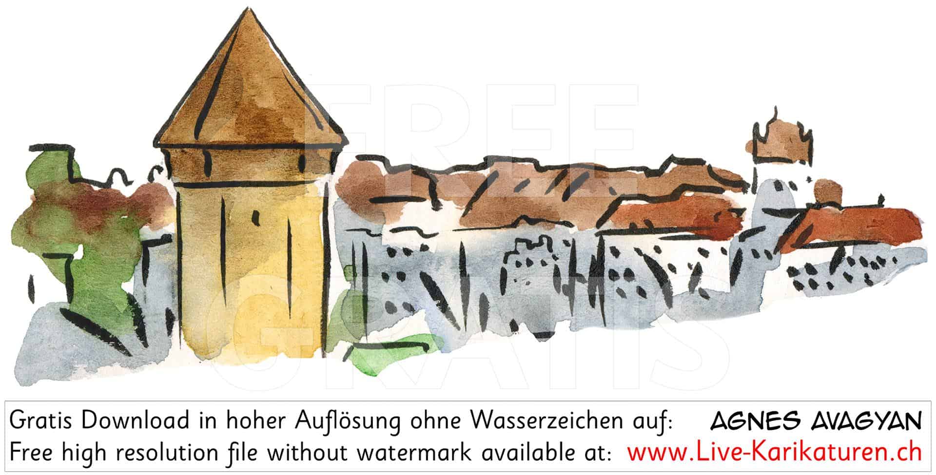 Luzern, Aquarell, Wasserturm, Altstadt, Shilouette, Schnitzelbaenke, Urbi@Orbi, Luzerner Fasnacht, Agnes Live-Karikaturen, Clipart, Comic, Cartoon, Illustration, Cartoon, Comic, Karikatur, Zeichnung, Download, kostenlos, Gratisbild, gratis, free, Kunst, Kuenstler, Live Karikaturist, Comiczeichner, Armenia