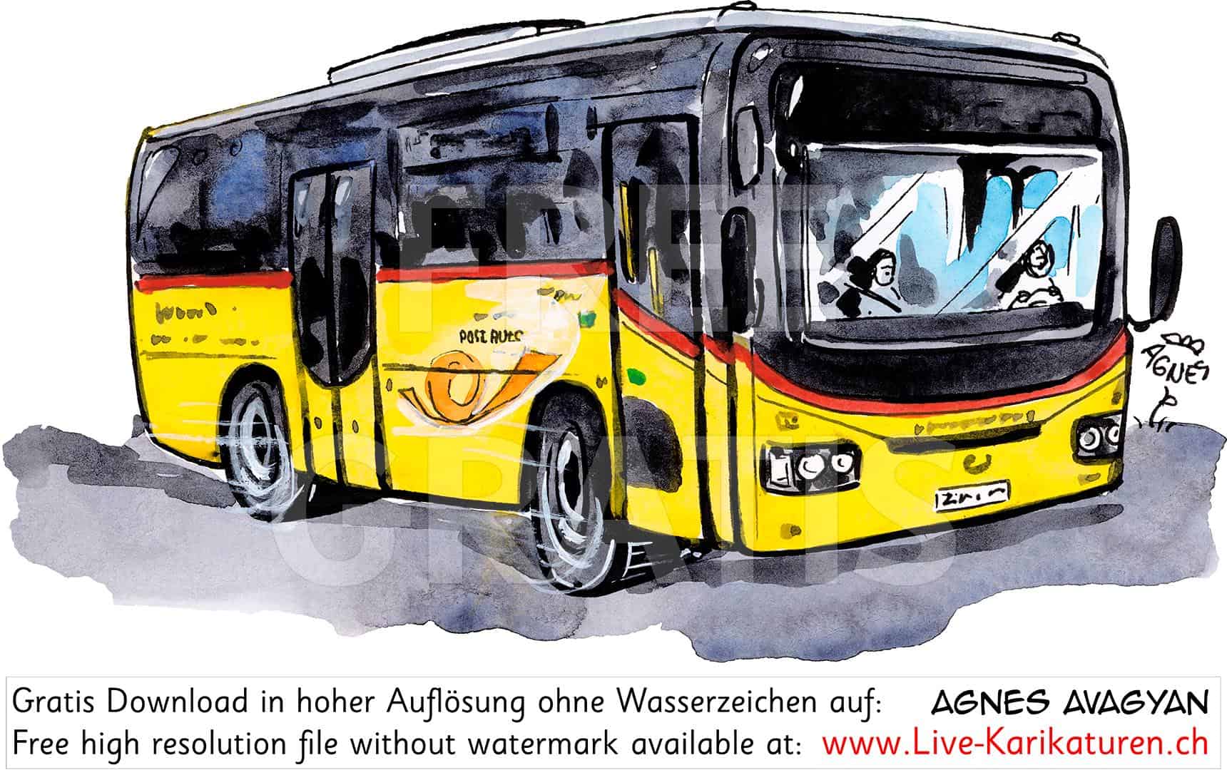 Postauto, Schweiz, gelb, ÖV, Schnitzelbaenke, Urbi@Orbi, Luzerner Fasnacht, Agnes Live-Karikaturen, Clipart, Comic, Cartoon, Illustration, Cartoon, Comic, Karikatur, Zeichnung, Download, kostenlos, Gratisbild, gratis, free, Kunst, Kuenstler, Live Karikaturist, Comiczeichner, Armenia