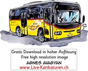 Postauto, Schweiz, gelb, ÖV, Schnitzelbaenke, Urbi@Orbi, Luzerner Fasnacht, Agnes Live-Karikaturen, Clipart, Comic, Cartoon, Illustration, Cartoon, Comic, Karikatur, Zeichnung, Download, kostenlos, Gratisbild, gratis, free, Kunst, Kuenstler, Live Karikaturist, Comiczeichner, Armenia