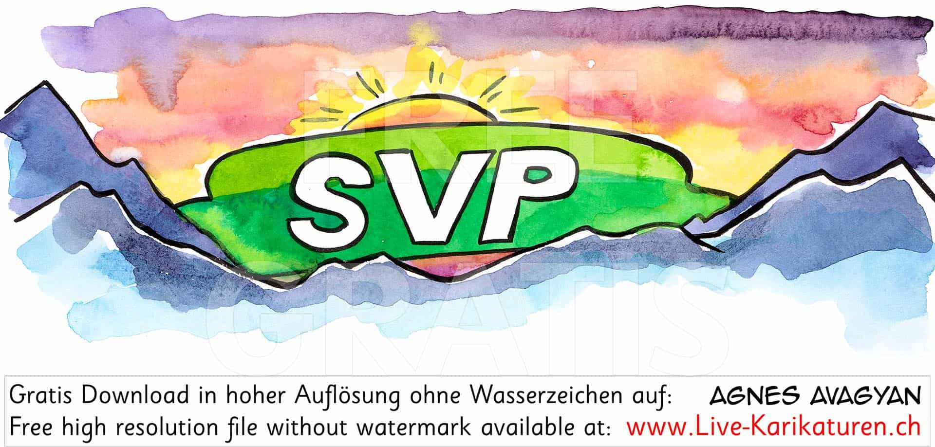 SVP, Sonne, gruen, Berge, Zeichen, Partei, Rechtspopulisten, rechts, rechte Politik, Suennelipartei, Abendrot, Morgenrot, Sonnenuntergang, hangemalt, Schnitzelbaenke, Urbi@Orbi, Luzerner Fasnacht, Agnes Live-Karikaturen, Clipart, Comic, Cartoon, Illustration, Cartoon, Comic, Karikatur, Zeichnung, Download, kostenlos, Gratisbild, gratis, free, Kunst, Kuenstler, Live Karikaturist, Comiczeichner, Armenia