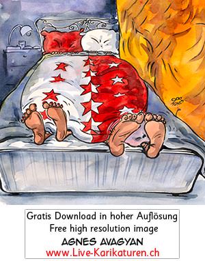 Wallis, Wappen, Bett, Fahne, Fuesse, Vorhang, Schlafzimmer, rot, weiss, kuscheln, unter der Decke, Schnitzelbaenke, Urbi@Orbi, Luzerner Fasnacht, Agnes Live-Karikaturen, Clipart, Comic, Cartoon, Illustration, Cartoon, Comic, Karikatur, Zeichnung, Download, kostenlos, Gratisbild, gratis, free, Kunst, Kuenstler, Live Karikaturist, Comiczeichner, Armenia